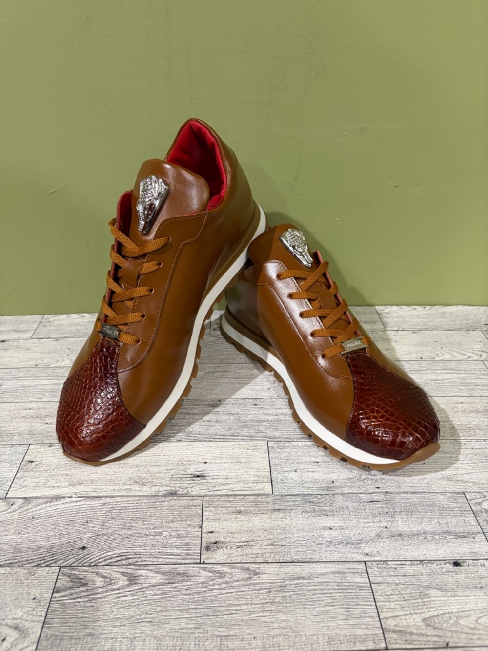 Men’s Fennix Italy Leather calf /alligator casual Sneakers cognac Oxford